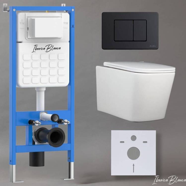 Унитаз с инсталляцией Iberica Blanca Toledo Alto IB001.TLA.234.112 безободковый, с крышкой-сиденьем микролифт, с черной матовой кнопкой