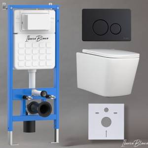 Унитаз с инсталляцией Iberica Blanca Toledo Alto IB001.TLA.234.812 безободковый, с крышкой-сиденьем микролифт, с черной матовой кнопкой