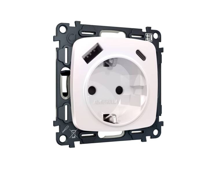 Комплект механизма электрической розетки 2USB A+C 20W (быстрая зарядка) с заземлением Ambrella Volt Omega MO210010