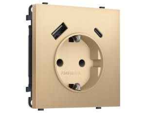 Комплект механизма электрической розетки 2USB A+C 20W с заземлением со шторками Ambrella Volt Sigma MS890010 золото мягкое касание