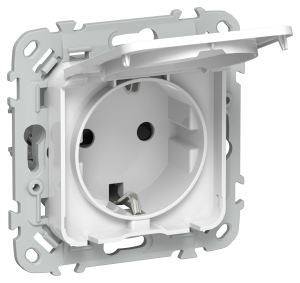 Розетка 1-местная с заземлением, шторками и крышкой IEK Flite FI-R16-16-1-44-K01 белый
