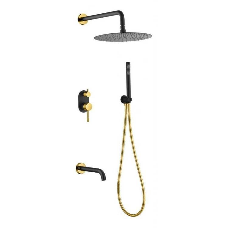 Душевой комплект Boheme Uno 464-2-BG смеситель + верхний + ручной душ, золотой, черный, с изливом