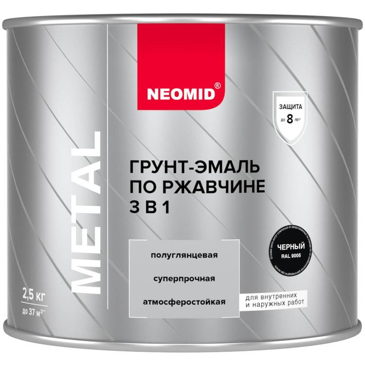 Грунт-эмаль по ржавчине 3 в 1 Neomid черная RAL 9005 2.5 кг