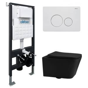 Комплект Abber Rechteck AC1201MB-AC0105-AC0121MW унитаз подвесной, безободковый, сиденье микролифт, черный матовый, кнопка белая матовая