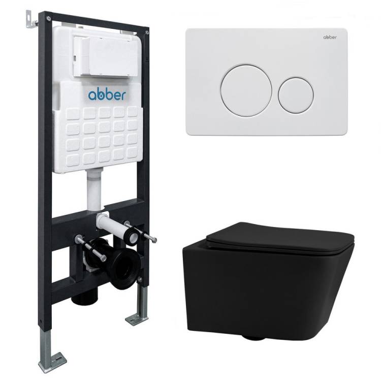 Комплект Abber Rechteck AC1201MB-AC0105-AC0121MW унитаз подвесной, безободковый, сиденье микролифт, черный матовый, кнопка белая матовая