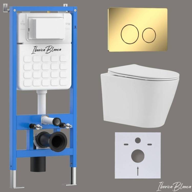 Комплект Iberica Blanca Burgos Alto IB001.BRA.234.816 унитаз безободковый, белый, сиденье микролифт, клавиша смыва золото глянцевое