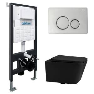 Комплект Abber Rechteck AC1201MB-AC0105-AC0121 унитаз подвесной, безободковый, сиденье микролифт, черный матовый, кнопка хром
