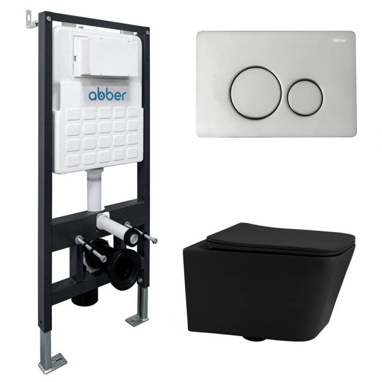 Комплект Abber Rechteck AC1201MB-AC0105-AC0121 унитаз подвесной, безободковый, сиденье микролифт, черный матовый, кнопка хром