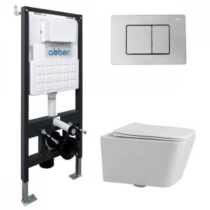 Комплект Abber Rechteck AC1201-AC0105-AC0120 унитаз подвесной, безободковый, сиденье микролифт, белый, кнопка хром