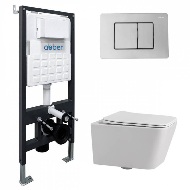 Комплект Abber Rechteck AC1201-AC0105-AC0120 унитаз подвесной, безободковый, сиденье микролифт, белый, кнопка хром