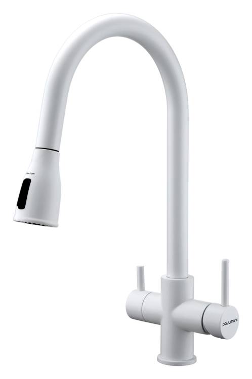 Смеситель для кухни Paulmark Lange La214212-WH с выдвижным изливом, белый матовый