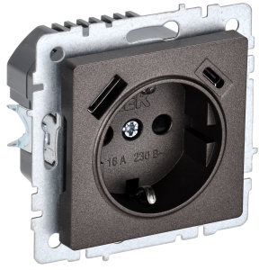 Розетка 1-местная с заземлением, шторками и USB Type A+С IEK Brite BR-R14-16-U22-018-K45 темная бронза