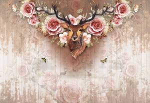 3D Фотообои Artegrafico «Стена с оленем и цветами» PRV-034 акварель