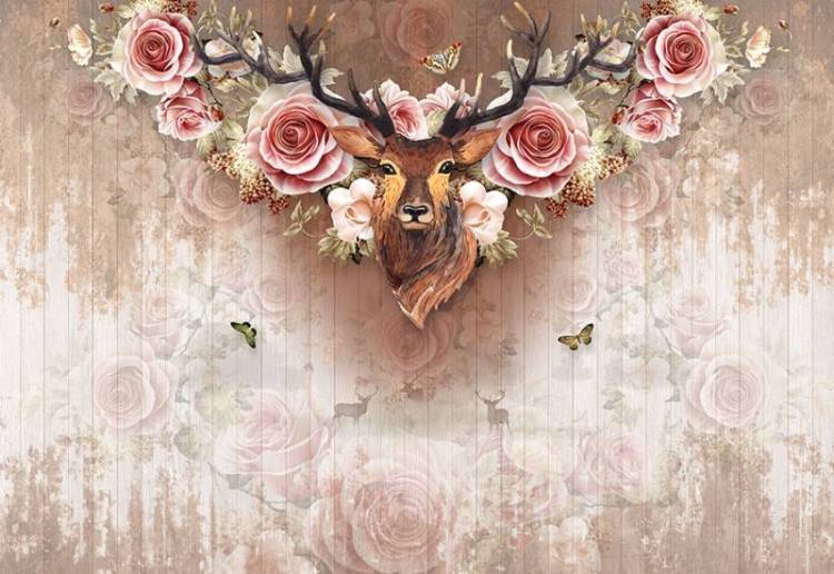 3D Фотообои Artegrafico «Стена с оленем и цветами» PRV-034 акварель