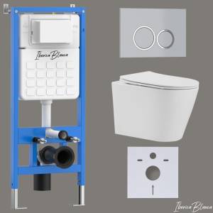 Унитаз с инсталляцией Iberica Blanca Burgos Alto IB001.BRA.231.824 безободковый, с крышкой-сиденьем микролифт, с кнопкой матовый хром