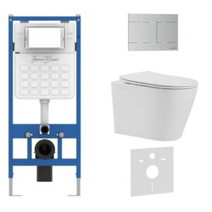 Унитаз с инсталляцией Iberica Blanca Burgos Alto IB001.BRA.234.1501 безободковый, с крышкой-сиденьем микролифт, с кнопкой матовый хром