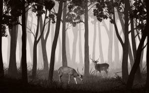 3D Фотообои Artegrafico «Олени в тёмном лесу на бежевом» VG-017 акварель