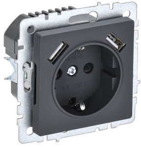 Розетка 1-местная с заземлением, шторками и USB Type A+A IEK Brite BR-R14-16-U21-D21-K53 графит