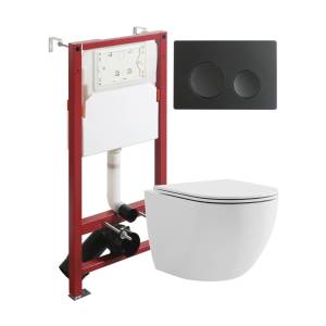 Унитаз с инсталляцией Agger ATI03100+APB144 безободковый, с крышкой-сиденьем микролифт, с кнопкой, кнопка черная