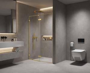 Душевая дверь в нишу AQUAme AQM7408-3-10 профиль золото шлифованное, стекло прозрачное, 100x200