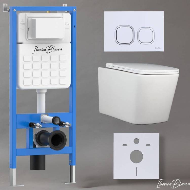 Унитаз с инсталляцией Iberica Blanca Toledo Alto IB001.TLA.231.831 безободковый, с крышкой-сиденьем микролифт, с белой глянцевой кнопкой