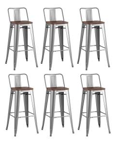 Набор из 6 барных стульев Stool Group Tolix YD-H765E-W YG-15 X6 серебристый матовый, темное дерево, со спинкой