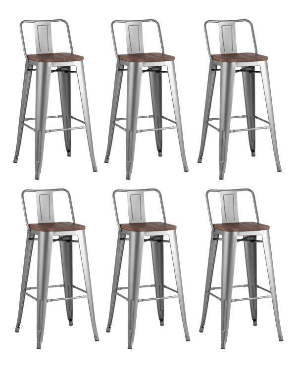 Набор из 6 барных стульев Stool Group Tolix YD-H765E-W YG-15 X6 серебристый матовый, темное дерево, со спинкой