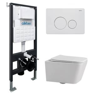 Комплект Abber Rechteck AC1201-AC0105-AC0121MW унитаз подвесной, безободковый, сиденье микролифт, белый, кнопка белая матовая