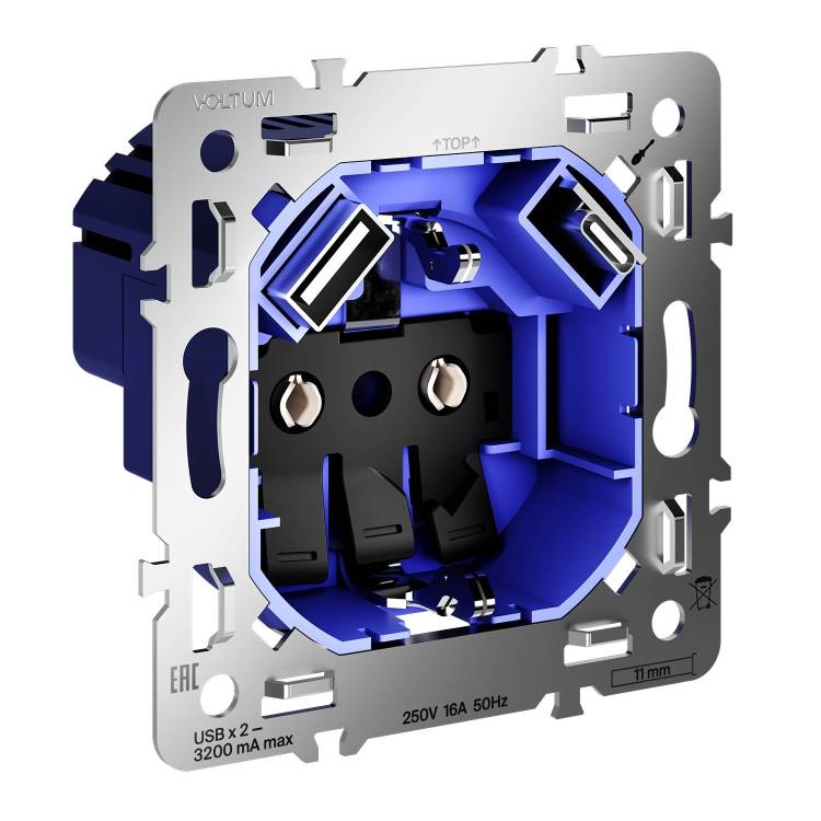 Механизм розетки 1-местной с заземлением, шторками и USB Type A+С Voltum S70 VLS0405M