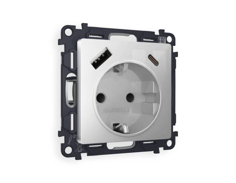 Комплект механизма электрической розетки 2USB A+C 20W (быстрая зарядка) с заземлением Ambrella Volt Alfa MA410010