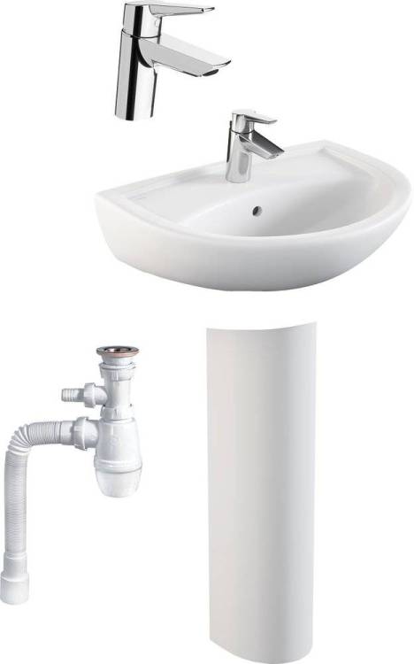 Комплект Раковина Norm Fit 55 см + Пьедестал Norm Fit 6936B099-0156 + Смеситель VitrA Solid S A42440EXP + Сифон Wirquin Минор с отводом для стиральной машины
