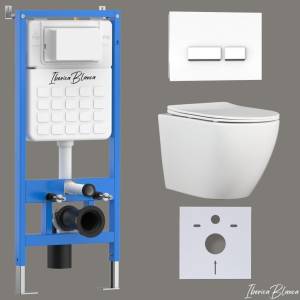 Унитаз с инсталляцией Iberica Blanca Bilbao Alto IB001.BLA.234.2210 безободковый, с крышкой-сиденьем микролифт, с белой кнопкой