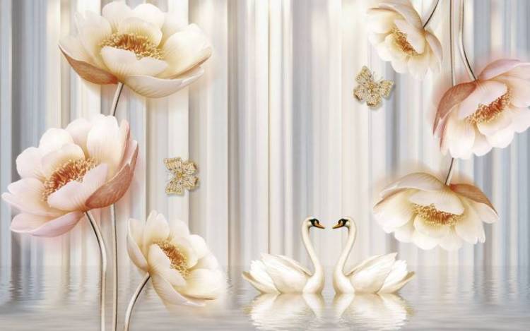 3D Фотообои Artegrafico «Лебеди с объемными цветами и бабочками» CF-006 акварель