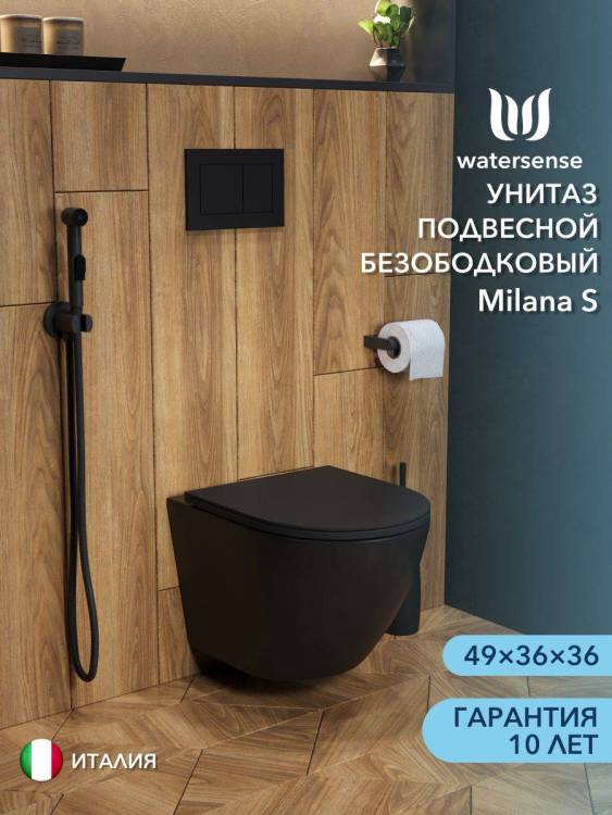 Унитаз подвесной Watersense Milana S W00080 безободковый, сиденье микролифт, черный матовый