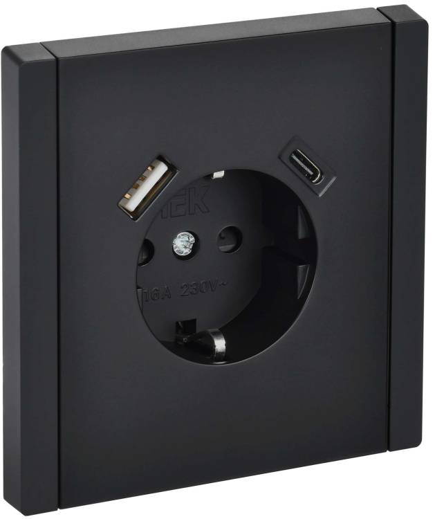 Розетка 1-местная с заземлением, шторками и USB Type A+С IEK Forte&Piano FP-R14-16-U22-018-K02 черный