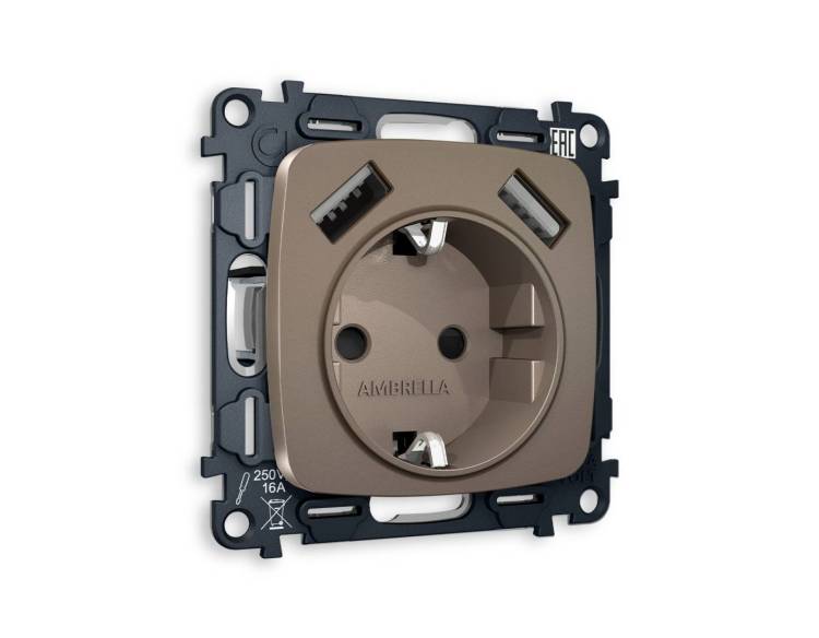 Комплект механизма электрической розетки 2USB A+A 18W (быстрая зарядка) с заземлением Ambrella Volt Omega MO639010