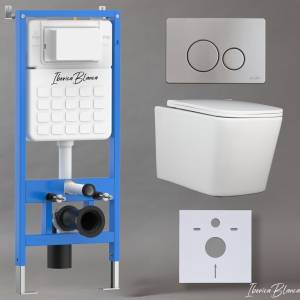 Унитаз с инсталляцией Iberica Blanca Toledo Alto IB001.TLA.234.8132 безободковый, с крышкой-сиденьем микролифт, с кнопкой матовый хром