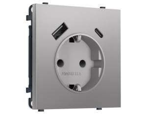 Комплект механизма электрической розетки 2USB A+C 20W с заземлением со шторками Ambrella Volt Sigma MS510010 сталь матовый