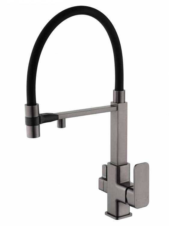 Смеситель для кухни Wonzon & Woghand WW-88458012-BGM с гибким изливом и подключением фильтра, темный графит