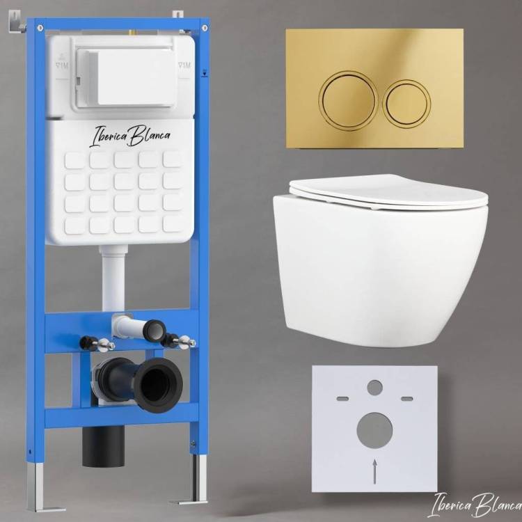 Унитаз с инсталляцией Iberica Blanca Bilbao Alto IB001.BLA.234.826 безободковый, с крышкой-сиденьем микролифт, с кнопкой глянцевое золото