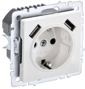 Розетка 1-местная с заземлением, шторками и USB Type A+A IEK Brite BR-R14-16-U21-D21-K01 белый