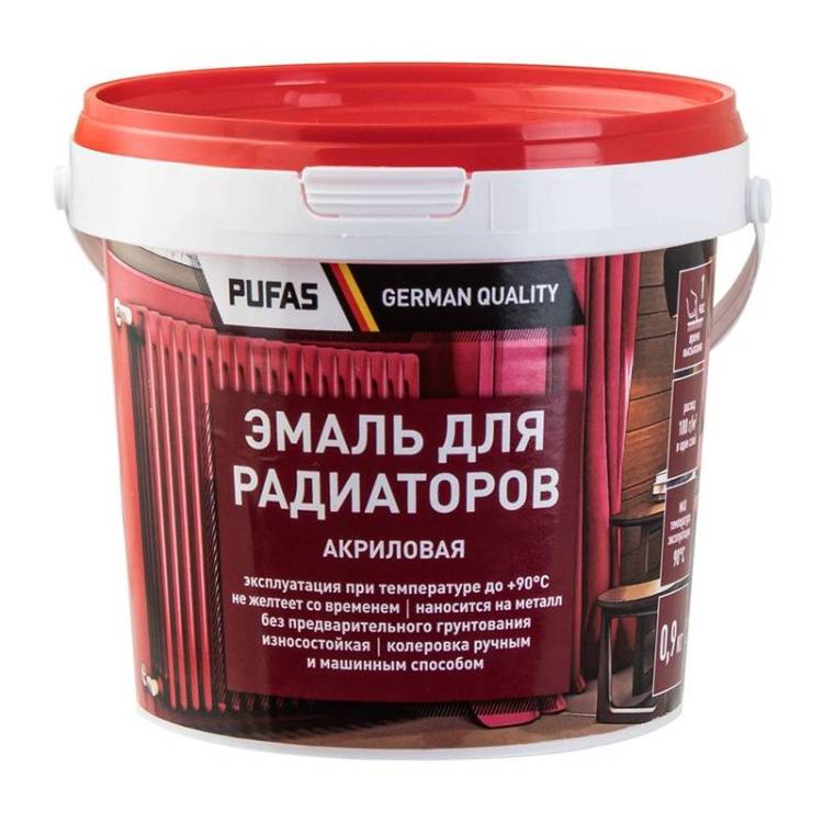 Эмаль акриловая для радиаторов Pufas белая морозостойкая 0.9 кг