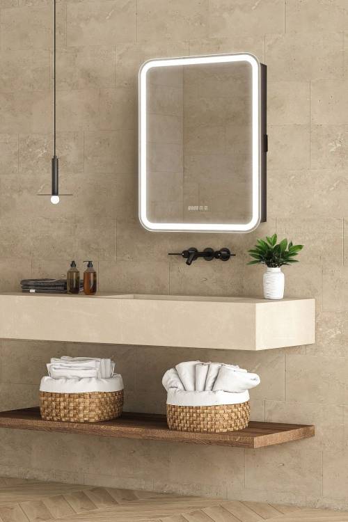 Зеркало-шкаф Art&Max Platino R AM-Pla-600-800-1D-R-DS-FC-H-T-Grey с подсветкой, часами и подогревом, Антрацит, 80x60