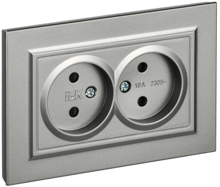 Розетка 2-местная с защитными шторками IEK Brite BR-R23-10-K46-F сталь