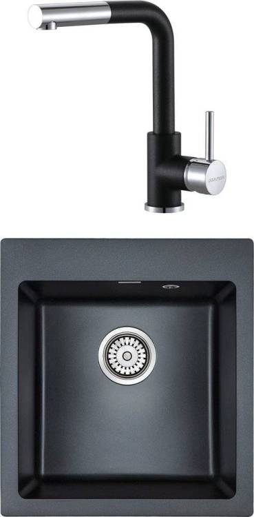 Комплект Paulmark Zemar PM104651-BLM черный металлик + Смеситель Paulmark Kassel Ka214311-418 для кухонной мойки, черный металлик