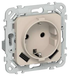 Розетка 1-местная с заземлением, шторками и USB Type A+A IEK Flite FI-R14-16-U21-D31-K88 льняной