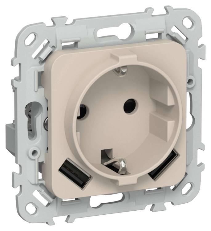 Розетка 1-местная с заземлением, шторками и USB Type A+A IEK Flite FI-R14-16-U21-D31-K88 льняной