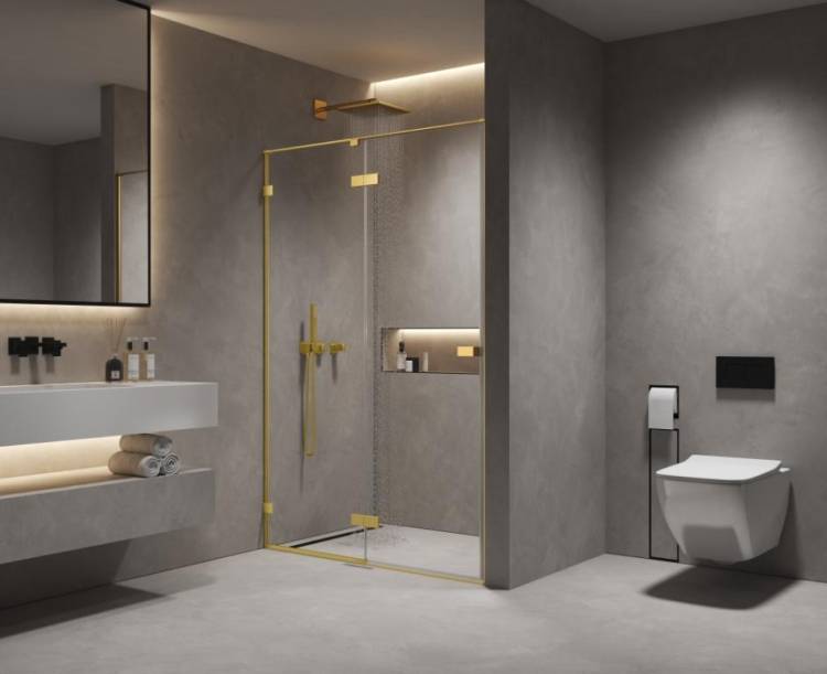 Душевая дверь в нишу AQUAme AQM7408-3-12 профиль золото шлифованное, стекло прозрачное, 120x200